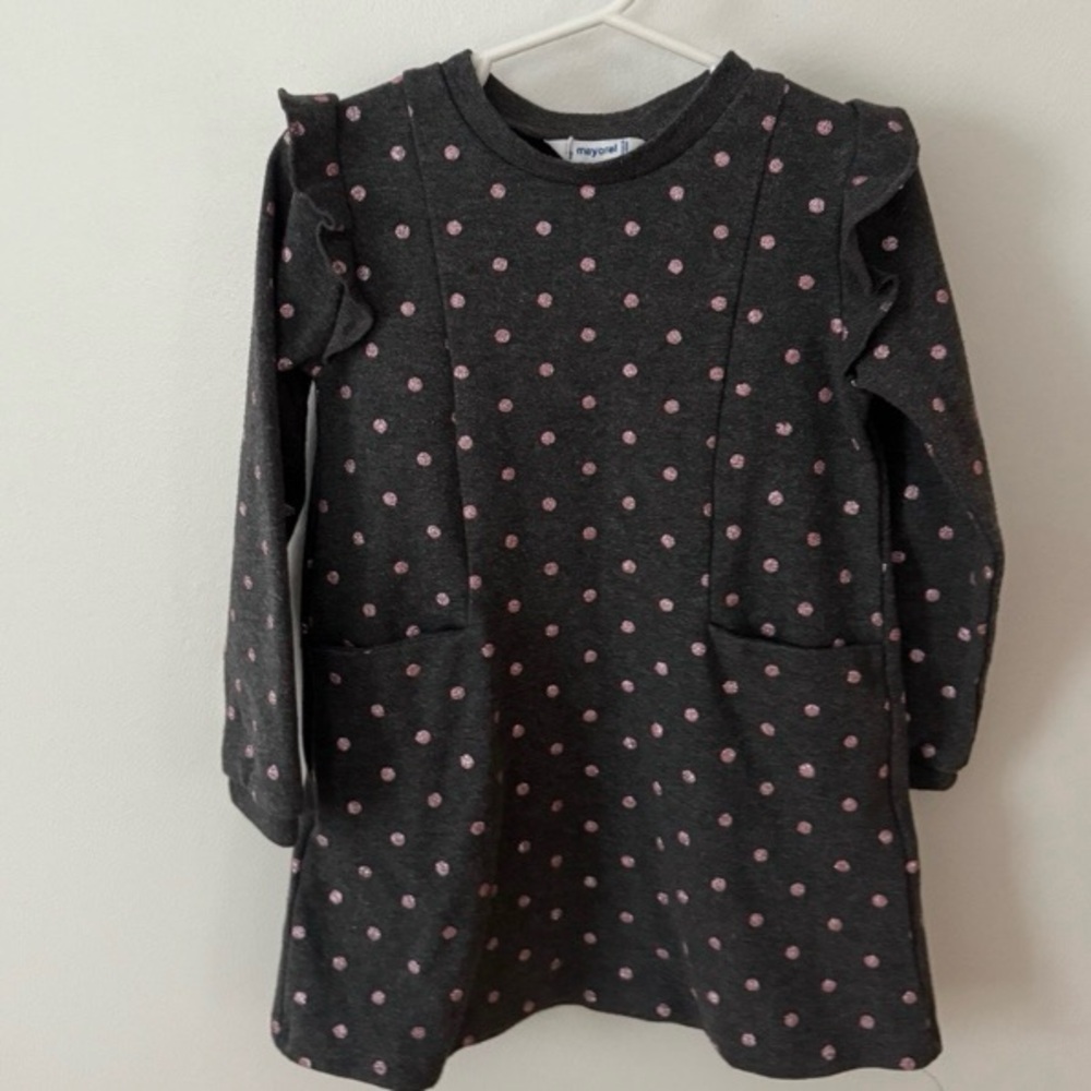 Mayoral Charcoal and Pink Polka Dot Sparkle Sweatshirt Dress Ruffle Long Sleeve